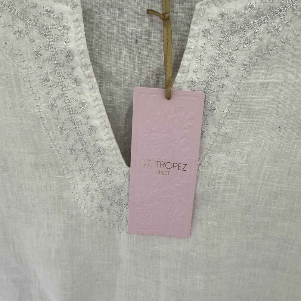 St. Tropez White with Silver Embroidery Washable Linen Blouse - Picture 2 of 9